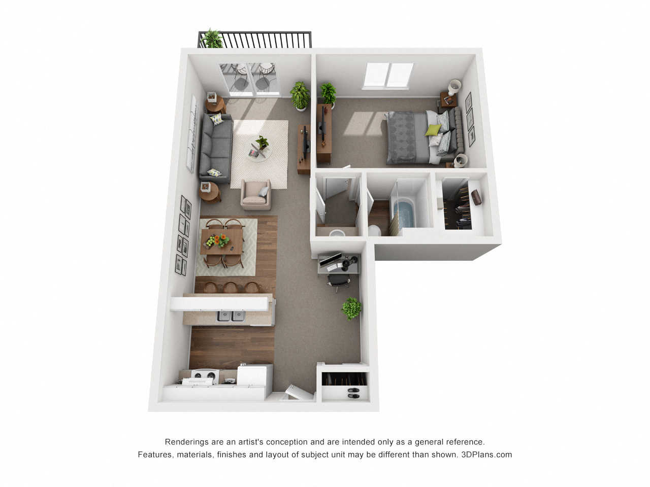 Floor plan for 1 bed, 1 bath, 883 sqft